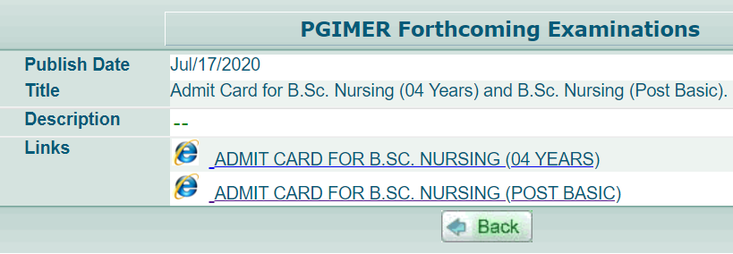PGIMER B.Sc Nursing Hall Ticket